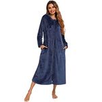 Verve Jelly Women Long House Coat Zipper Front Robes Full Length Hooded Nightgowns with Pockets Winter Loungewear Navy Blue L