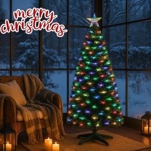 Fiber Optic Christmas Tree X-Mas Tree Pre-Lit Light PVC Artificial Tree Top Star Metal Stand Free Standing Indoor Xmas Decoration Multicolored Tree (120 Cm)