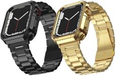 2 Pack Designed for Apple Watch Band, Wrist-Band for i-Watch Series 9 8 7 6 5 4 3 2 1 SE, Stainless Steel Metal Chain with TPU Cover Case, Smart-Watch Link Bracelet Strap, 41mm 40mm 38mm, Black+Gold