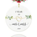 First Anniversary Ornament, Gifts for 1st Anniversary, 1st Year Anniversary Couple Gifts for Couple,Her,Him, 2.9" Ceramic One Year as Mr and Mrs Christmas Ornament 2024