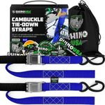 Rhino USA Motorcycle Tie Down Straps (2 Pack) Lab Inspected 3,328lb Break Strength, Steel Cambuckle Tiedown Set with Integrated Soft Loops - Better Than a Ratchet Strap (Blue 2-Pack)