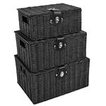 ASAB Set of 3 Resin Woven Storage Basket Box with Lid & Lock Decorative Kitchen Bathroom Hamper Bedroom Organiser (Black)