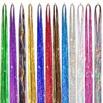 Sanas Hair Tinsel 12Pcs Glitter Hair Extensions Sparkle Hair Extensions Colourful Hair Glitter for Girl Hair Extensions Strips Hair Glitter Extensions for Women Hair Tinsels for Women 12Pcs (Multicolour)