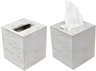 EXCELLO GLOBAL PRODUCTS Rustic White Barnwood Tissue Box Cover: Tissue Cube Box Includes Slide-Out Bottom Panel. Perfect for Farmhouse Bathroom Decor (Pack of 2)