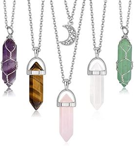 Sanfenly 5pcs Crystal Pendant Necklace Spiritual Natural Healing Stone Amethyst Rose Quartz Gemstone Necklace Crystal Jewelry for Women