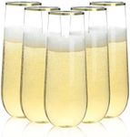 Bestluck 24 Pack 9 oz Stemless Plastic Champagne Flutes, Clear Disposable Champagne Glasses Gold Rim, Shatterproof and BPA-Free Drinkware for Wedding, Party