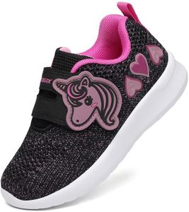 GEERX YUMI Toddler Girl Athletic Tennis Shoes Lightweight Breathable Comfortable Sport Walking Running Unicorn Sneakers (Toddler/Little Kid), Black Fuschia, 7 Toddler