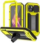 iPhone 15 Yellow Phone Case Aluminum Gorilla Case With Built-In Tempered Glass & Lens Protection with Built-In Kickstand Tough Protective Case Cover for iPhone 15.