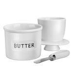 JSHKY French Butter Crock with Spreader, The Original Porcelain Butter Dish for Counter, Gift for Mother’s Day, Thanksgiving, Christmas,Color: White Crock with Black Logo