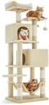 Feandrea Cat Tree, 61-Inch Cat Tower for Indoor Cats, Plush Multi-Level Cat Condo with 5 Scratching Posts, 2 Perches, 2 Caves, Hammock, 2 Pompoms, Beige UPCT192M01