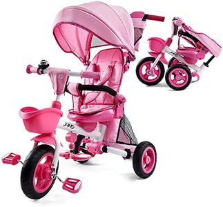 JMMD Baby Tricycle, 7-in-1 Folding Kids Trike with Adjustable Parent Handle, Safety Harness & Wheel Brakes, Removable Canopy, Storage, Stroller Bike Gift for Toddlers 18 Months - 5 Years(Pink)