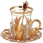 (Set of 6) Turkish Tea and Coffee Glasses Set with Metal Saucers Holders and Spoons, Decorated with Swarovski Type Crystals and Pearls,24 Pcs, Gold, 3.3 Ounces