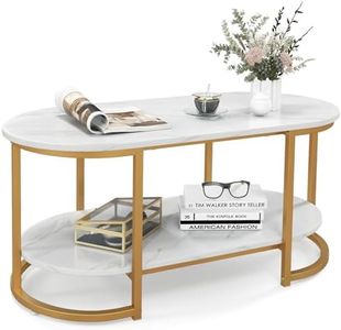 Giantex Faux Marble Coffee Table, Modern 2-Tier Center Table with Open Shelf, Oval Cocktail Table with Gold Finished Metal Frame for Living Room Bedroom, White