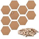 Navaris Hexagon Cork Board Tiles - Set of 10 100% Cork Notice Memo Bulletin Boards with Pack of Wooden Push Pins Clips - 15 x 17.7 cm (5.9 x 7 inches)