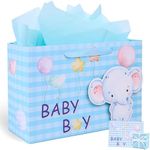 JOHOUSE Baby Boy Gift Bag, 13" Gift Bags with Tissue Paper Ribbon Handle and Greeting Card for Boy Baby Shower Newborn 1st Birthday Gender Reveal Party Blue