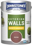 Johnstone's, Exterior Smooth Masonry Paint, Brick Red, Up to 15 Years Protection, Weather & Dirt Resistant, 60m² Coverage Per Tin, Dry in 1-2 Hours, 5L