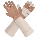 Gardening Gloves for Women & Men, Leather Long Sleeve Rose Pruning Gloves, Thorn Proof Garden Work Gauntlet (Small, Brown)