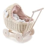 e-wicker24 Natural Wicker Dolls Pram Vintage Dolls Pushchairs on Wooden Wheels Pram for Dolls Handmade Toy Buggy Baby Doll Stroller Retro Style Doll Pram with Blue Bedding (White)