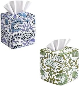 CPC Hand Block Print Cotton Tissue Box Cover Set, 5"x5"x5.5" Square Soft Reusable Boho Napkin Holder, Indigo Blue and Agate Green for Home, Kitchen, Dining, Bathroom, Office
