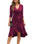 Owin Women's Deep V Neck 3/4 Sleeve Flared Ruched A-Line Swing Ruffle Faux Wrap Midi Party Dress with Belt Purple Red L