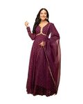 FIORRA Women's Wine Georgette Printed Gown with Dupatta SET0129