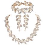 mecresh Simulated Pearl Leave Floral Bridal Jewelry Sets, Crystal Wedding Necklace Earrings Bracelet Sets Jewelry Engagement Gold