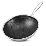 Vegoran 12 inch Wok Pan,Stainless Steel Stir-fry Wok, Non Stick Honeycomb Skillet with Handle - PFOA Free Suitable for Induction, Ceramic, Electric, and Gas Cooktops (12" Honeycomb Pan)