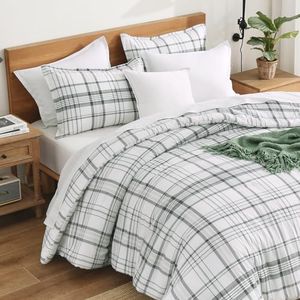 Andency Green White Plaid Comforter Set Queen(90x90Inch), 3 Pieces Preppy Grid Gingham Stripes Bedding Comforter Sets for Boys Girls Kids, Green Line Soft Lightweight Geometric Reversible Bed Set