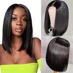 DÉBUT Human Hair Wigs Lace Front Bob Wigs 12 inches 120g Middle Parting 10A Brazilian Virgin Remy Hair 150% Density (12 inch, Black)