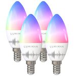 LUMIMAN E14 Smart Bulb, Alexa Candle Bulb, Dimmable Smart Colour Changing Chandelier Light Bulbs,Tunable, RGBCW,4W 400LM, Works with Alexa and Google Assistant, APP Control by Smartphone 4 Packs