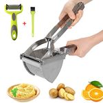 HOTLIKE Stainless Steel Potato Ricer, Potato Masher, Multifunctional Professional Masher, Heavy Duty Food Press with Brush, Peeler, Helper at Kitchen for Fruit, Vegetable, Puree