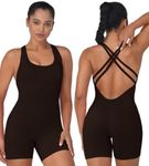 Sunzel Women's Backless Romper, Scrunch Butt Shorts Seamless Jumpsuits Bodycon, Workout Unitard Bodysuit built in Bra 5" Brown Medium