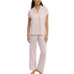 Laura Ashley Women's Pajamas 2 Piece Cotton Blend Notch Collar Button Down PJ Set, Rosy Stripe, Large