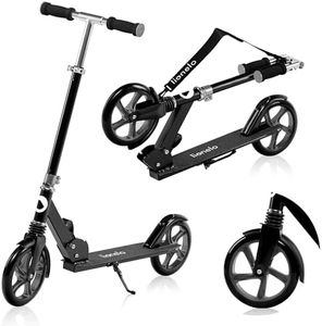 lionelo Luca Patinete Urbano XXL hasta 100 kg, Scooter para niños, Grandes Ruedas 200 mm ShockResist Amortiguador, Volante Ajustable Altura, Freno Plegable (Negro)