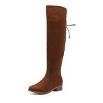 EETTARO Women’s Knee High Boots Ladies Classic Block Low Heel Flat Strap Zip Stretchy Riding Winter Shoes(Camel Faux Suede, Numeric_6_Point_5)