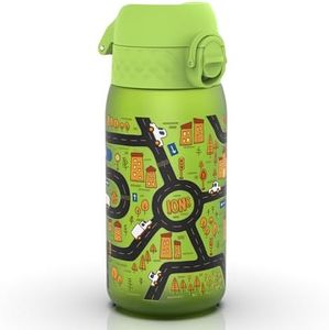 Ion8 Botella de Agua para Niños, 350ml, a Prueba de Fugas, Fácil de Abrir, Cerradura Segura, Apta para Lavavajillas, Sin BPA, Asa de Transporte, Fácil de Limpiar, Neutro en Carbono, Diseño Carros