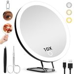 10X Magnifying Mirror with Lights, Large 10x Makeup Magnifying Mirror, Lighted 10x Magnification Mirror with 360° Stand & Suction Cup, 6inch Travel Magnifying Mirror Portable 10x LED Magnifying Mirror