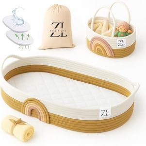 ZEAL'N LIFE Baby Changing Basket w/Diaper Basket, Baby Blanket & Baby Changing Pad and Waterpoof Cover, Premium Handmade Cotton Rope Reinforced Moses Baskets Changing Table Topper (Coffee)