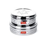 Sumeet Stainless Steel Hole Puri Dabbas/Sprout Maker/Flat Canisters With Air Ventilation Set Of 2, Size No. 11-18.5Cm Dia, No. 12-20.4Cm Dia, Beige