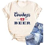 Cowboys and Beer Shirt Women Vintage Western Rodeo T-Shirt Funny Country Music Party Tee Cowboy Graphic Tops, Beige, L