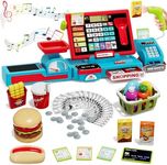 Wee Wonders 63PCS Cash Register for Kids, Kids Cash Register with Real Calculator, Pretend Play Store with Music/Motorized Conveyor/Play Money/Food Toys, Learning Toys for Boys Girls 3+, Red