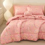 Mooreeke Twin Size Comforter Sets for Girls Kids, 6 Pieces Bed in a Bag Pink Rainbow Flowers Bedding Comforter Sheet Set with Shams and Decorative Toy Pillow, Ultral Soft Microfiber Kids Bed Set