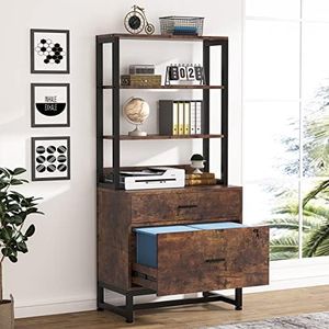 Tribesigns 2 Drawer Lateral File Cabinet with Lock, Letter Size Large Modern Filing Cabinet Printer Stand with Open Storage Shelves for Home Office, Dark Brown