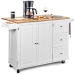 GORELAX Kitchen Island with Drop Leaf, Rolling Kitchen Cart Trolley w/Butcher Block Countertop & Shelves, Towel & Spice Rack, Kitchen Island with Storage Cabinet & Drawers (White)