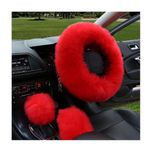 Ohleats 3PCS Pure Wool Steering Wheel Cover, 15 Inches Furry Steering Wheel Protector with Handbrake & Gear Shift Cover, Universal Soft Fluffy Steering Wheel Car Accessories (Red)