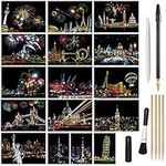 Magic Scratch Art Paper, Mini Envelope Postcard, Rainbow Night View Scratchboard for Adults and Kids, Art & Crafts Set : 16 Sheets Scratch Cards & 8 Tools Drawing Pen, Brush (Travel Around The World)