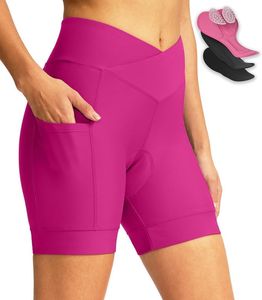 Women's Bike Shorts 4D Padded Cycling Shorts Crossover Waist Biking Shorts with Pockets Bicycle Riding (Rosy XXL)