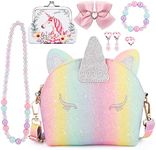 JYPS Unicorn Purse for Little Girls, 7Pcs Cute Crossbody Bags with Kids Dress Up Jewelry Set Pretend Play Accessories, Birthday Presents Gifts Toy for Girl, Toddler