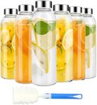 NIKKIER Clear Glass Bottles with Lids 6pcs Set 18oz,Reusable Glass Water Bottle with Stainless Steel Cap, 100% Leak Proof,Can be Used for Fruit Juice, Tea, Water, etc