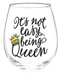 BnB Novelty Stemless Wine Glass Its Not Easy Being Queen Funny Gift 16 Ounce Clear Glass with Black Script and Gold Crown in Acetate Box with Black Satin Bow, 1 per Order